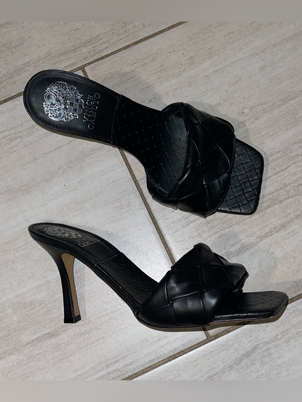 Vince Camuto Black Woven Leather Slide Sandals